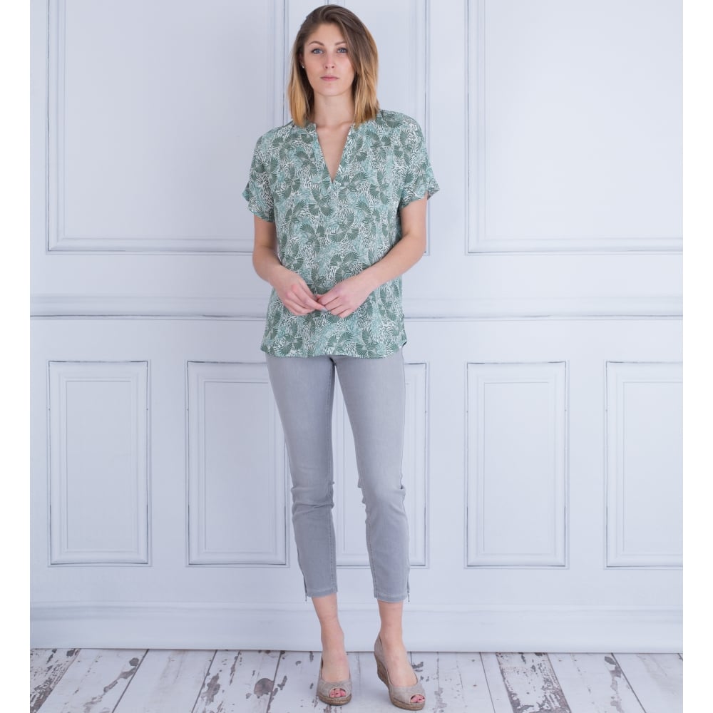 Milano Italy Bird Print Short Sleeve Blouse Green/White