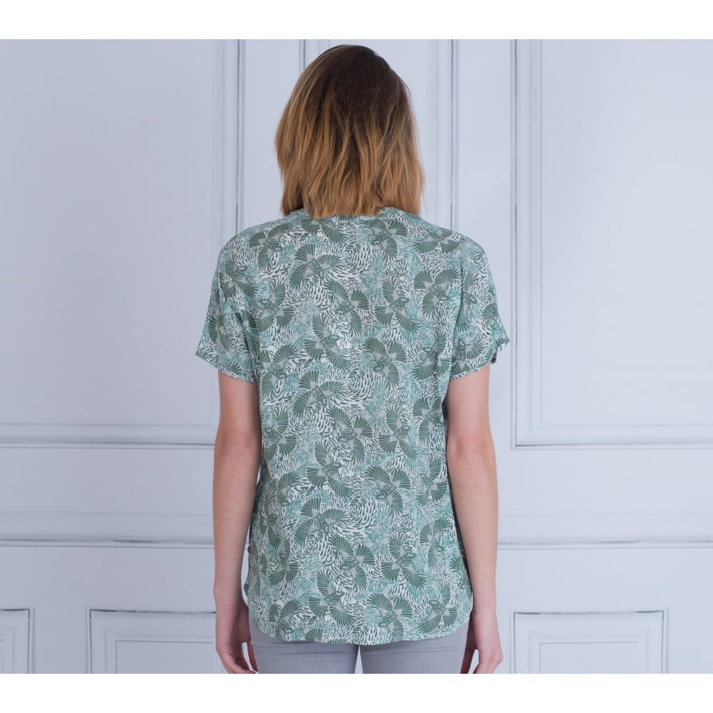 Milano Italy Bird Print Short Sleeve Blouse Green/White