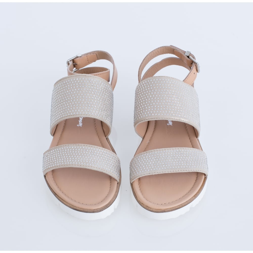 Alpe Diamonte Double Strap Flat Sandal Beige & Gold