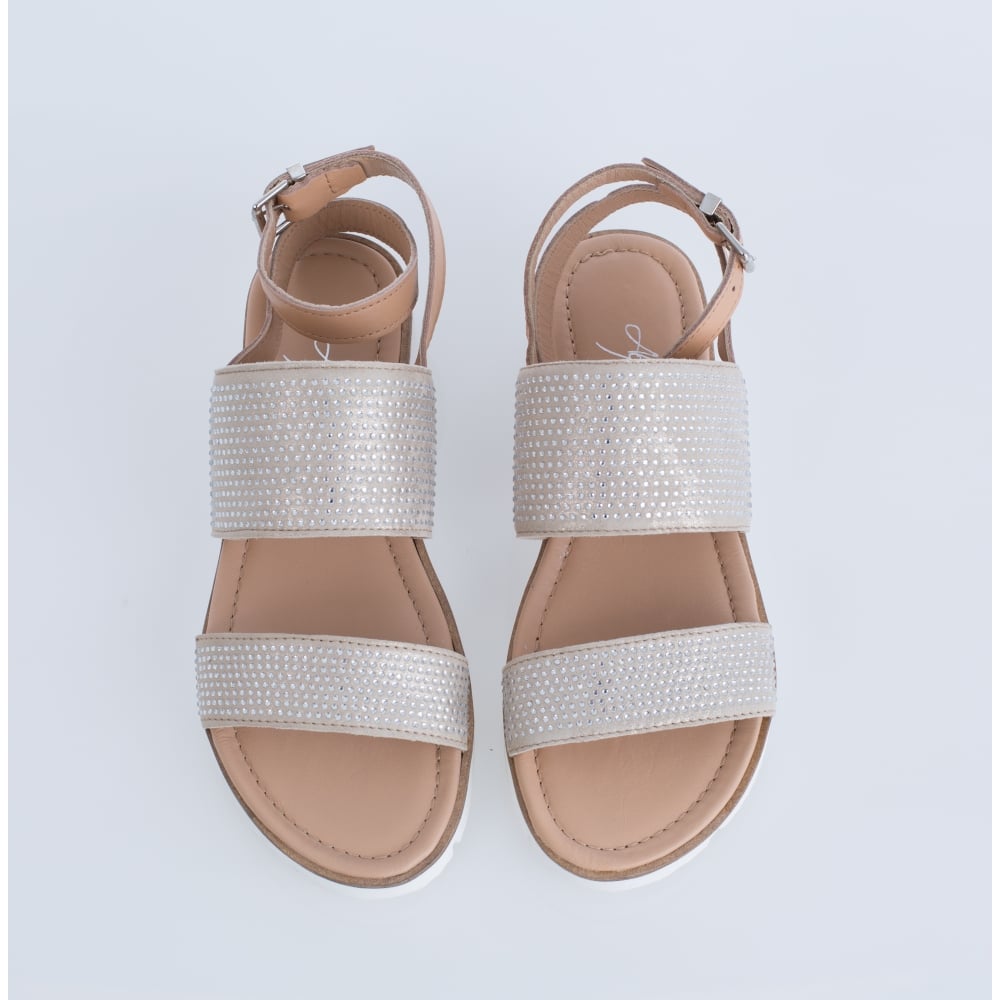 Alpe Diamonte Double Strap Flat Sandal Beige & Gold