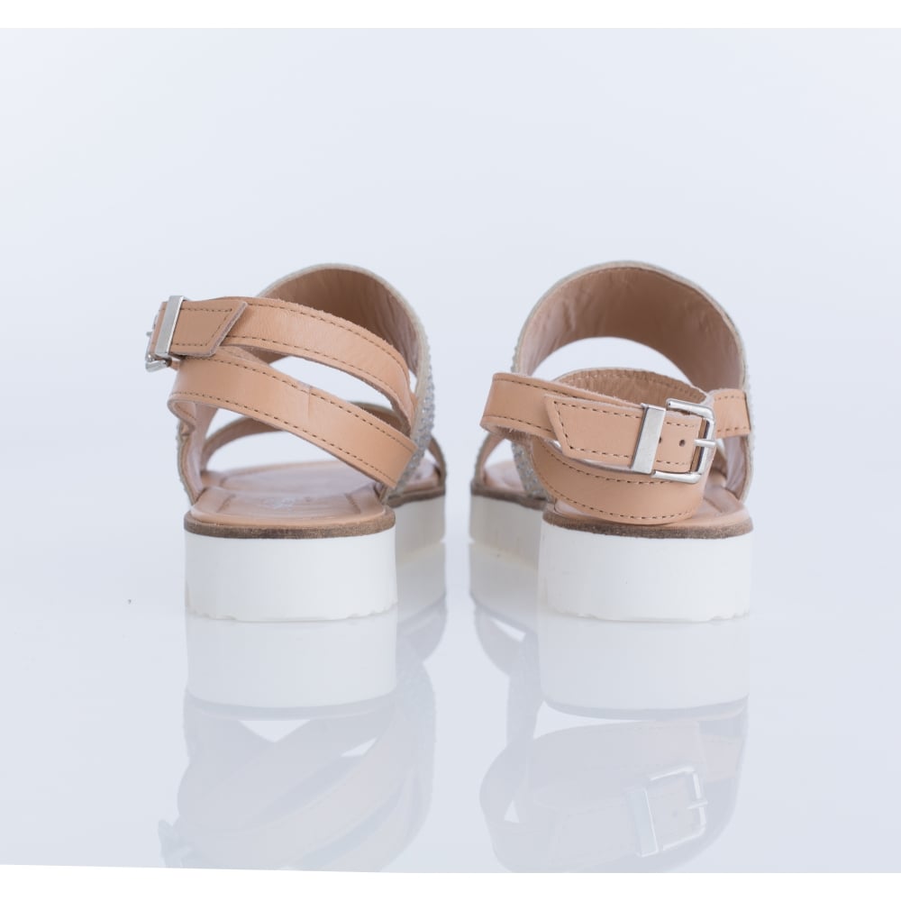 Alpe Diamonte Double Strap Flat Sandal Beige & Gold