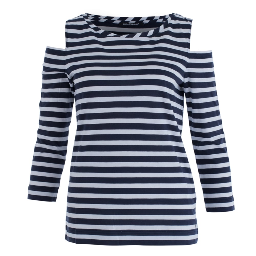 Luisa Cerano Cold Shoulder Long Sleeve Striped Top Navy/White