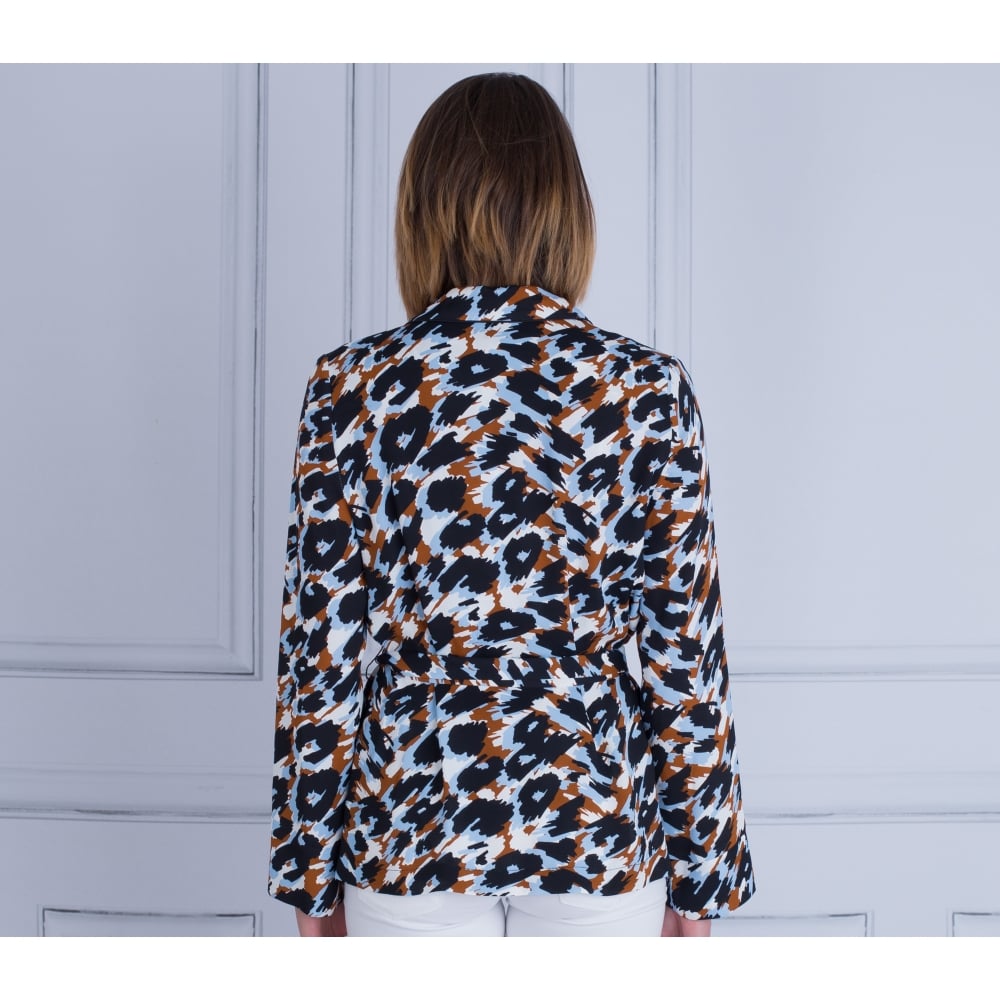 Beatrice B Printed Tie Waist Jacket Navy/Tan/Blue