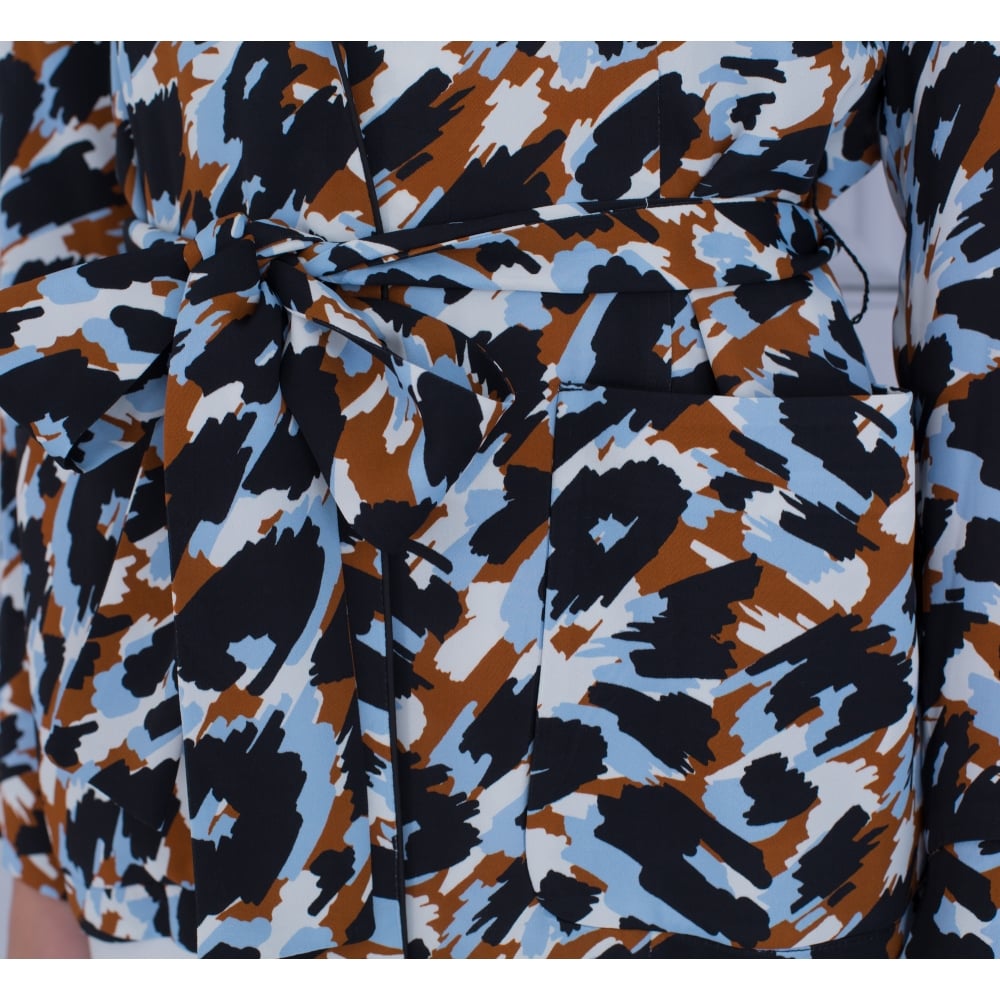 Beatrice B Printed Tie Waist Jacket Navy/Tan/Blue