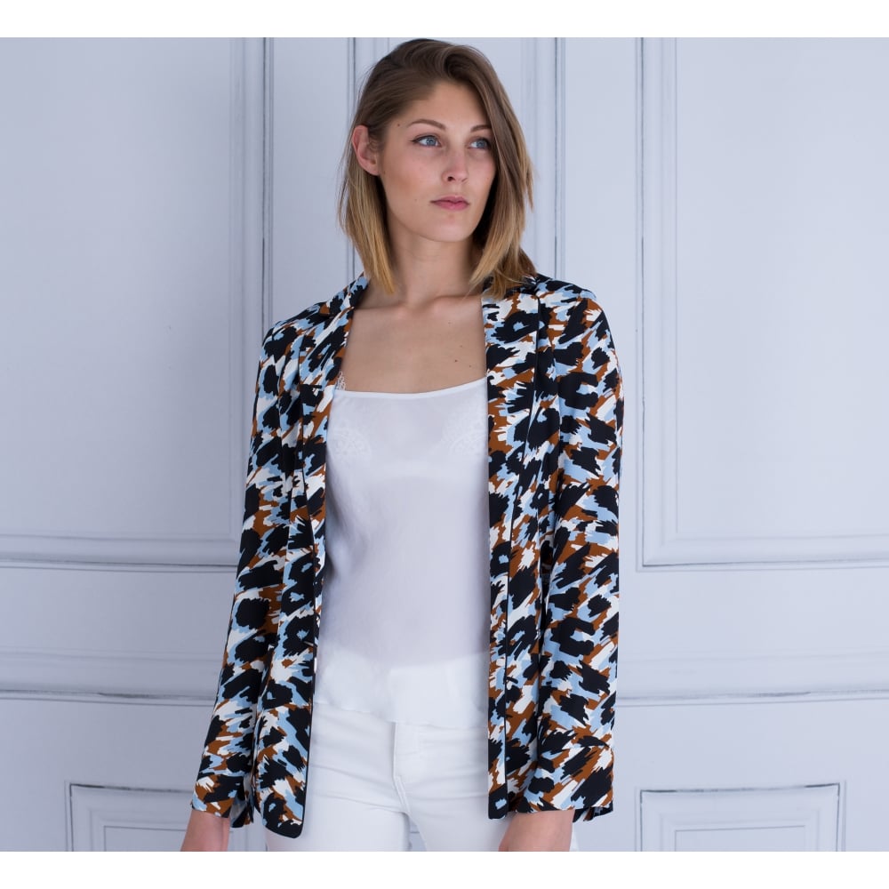 Beatrice B Printed Tie Waist Jacket Navy/Tan/Blue