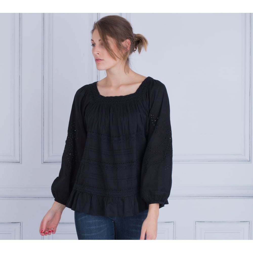 Cotton Pleat And Embroided Square Neck Blouse In Black