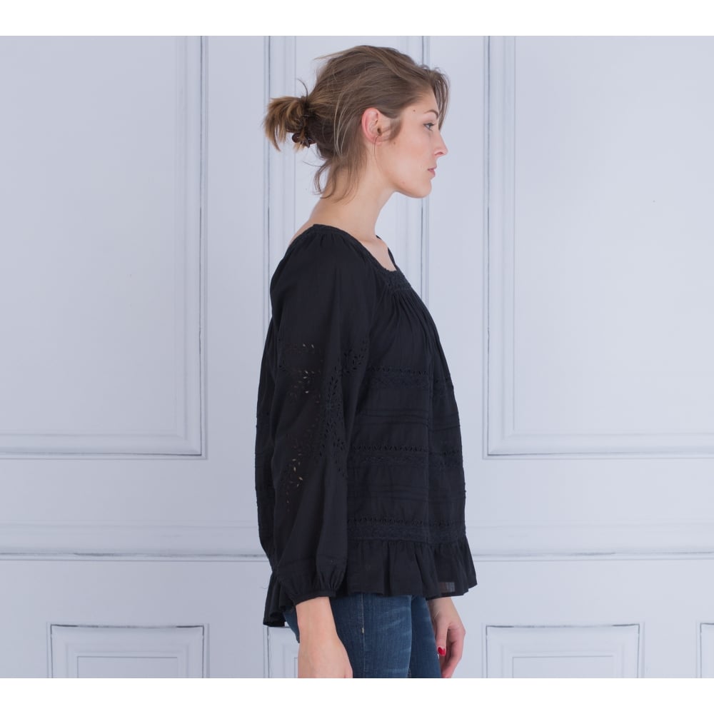 Cotton Pleat And Embroided Square Neck Blouse In Black