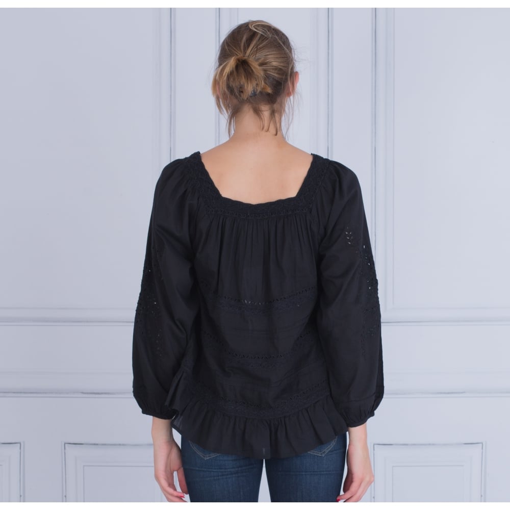 Cotton Pleat And Embroided Square Neck Blouse In Black