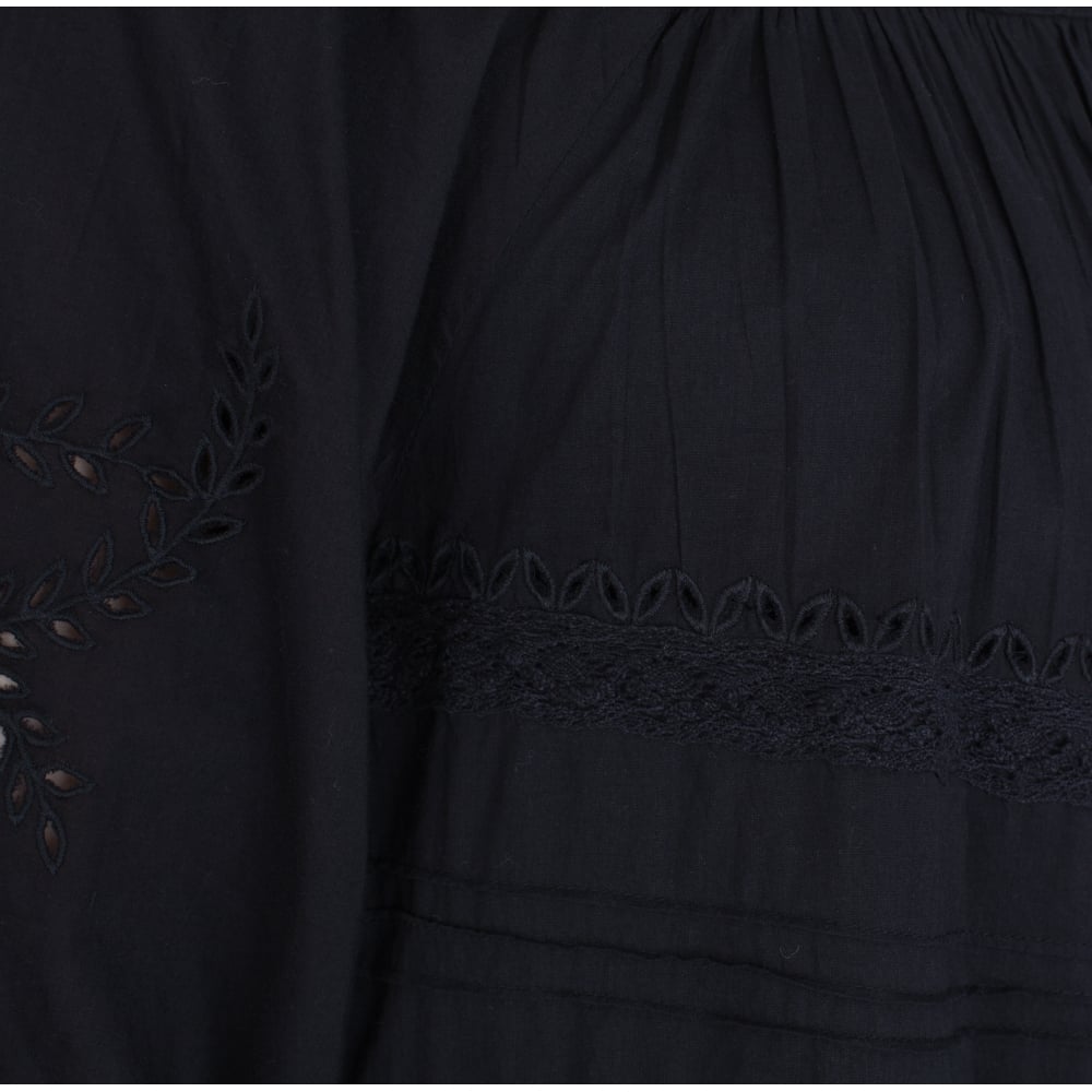 Cotton Pleat And Embroided Square Neck Blouse In Black