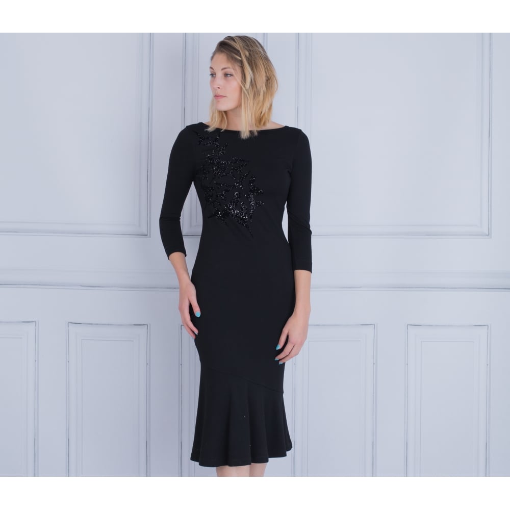 Isabel De Pedro V Back Velvet Bird Glitter Detail Dress Black