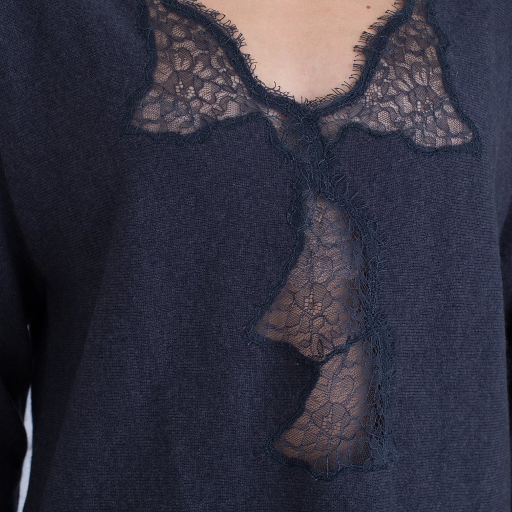FFC Lace Insert V Neck Jumper Denim Blue