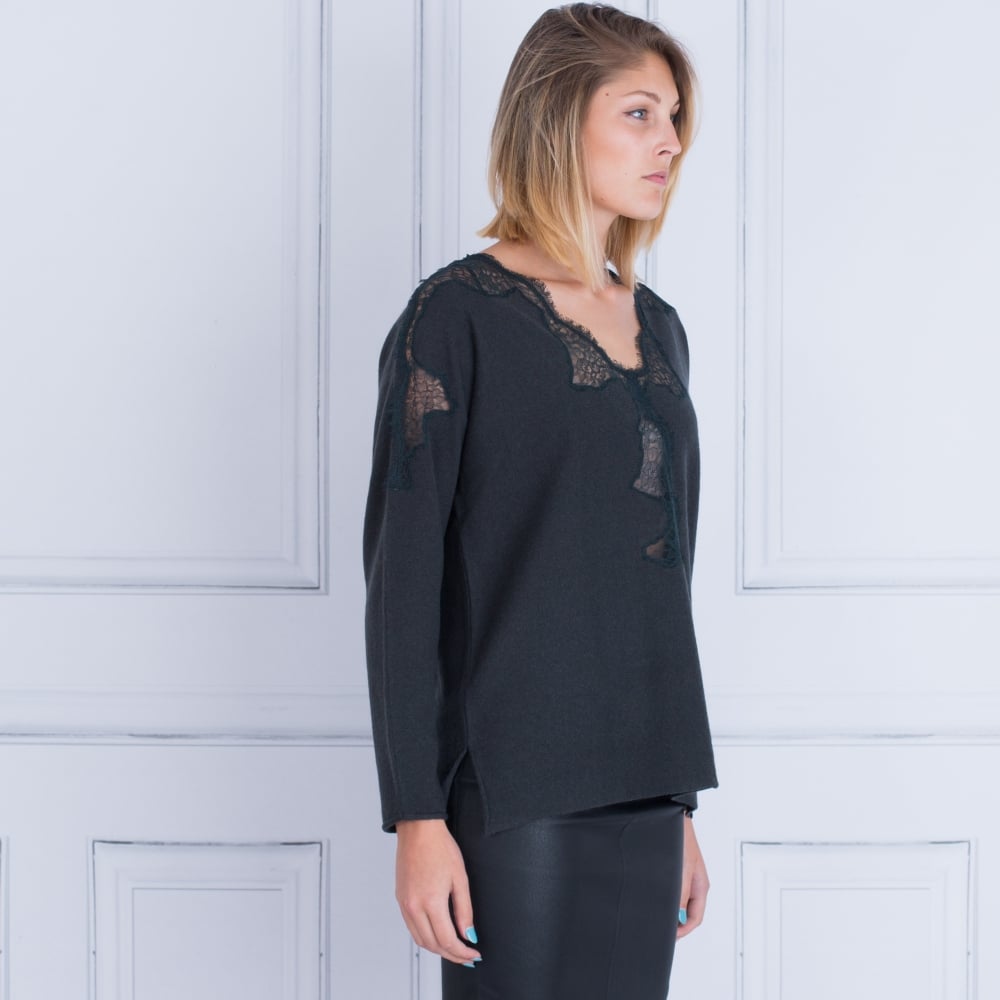 FFC Lace Insert V Neck Jumper Forest Green