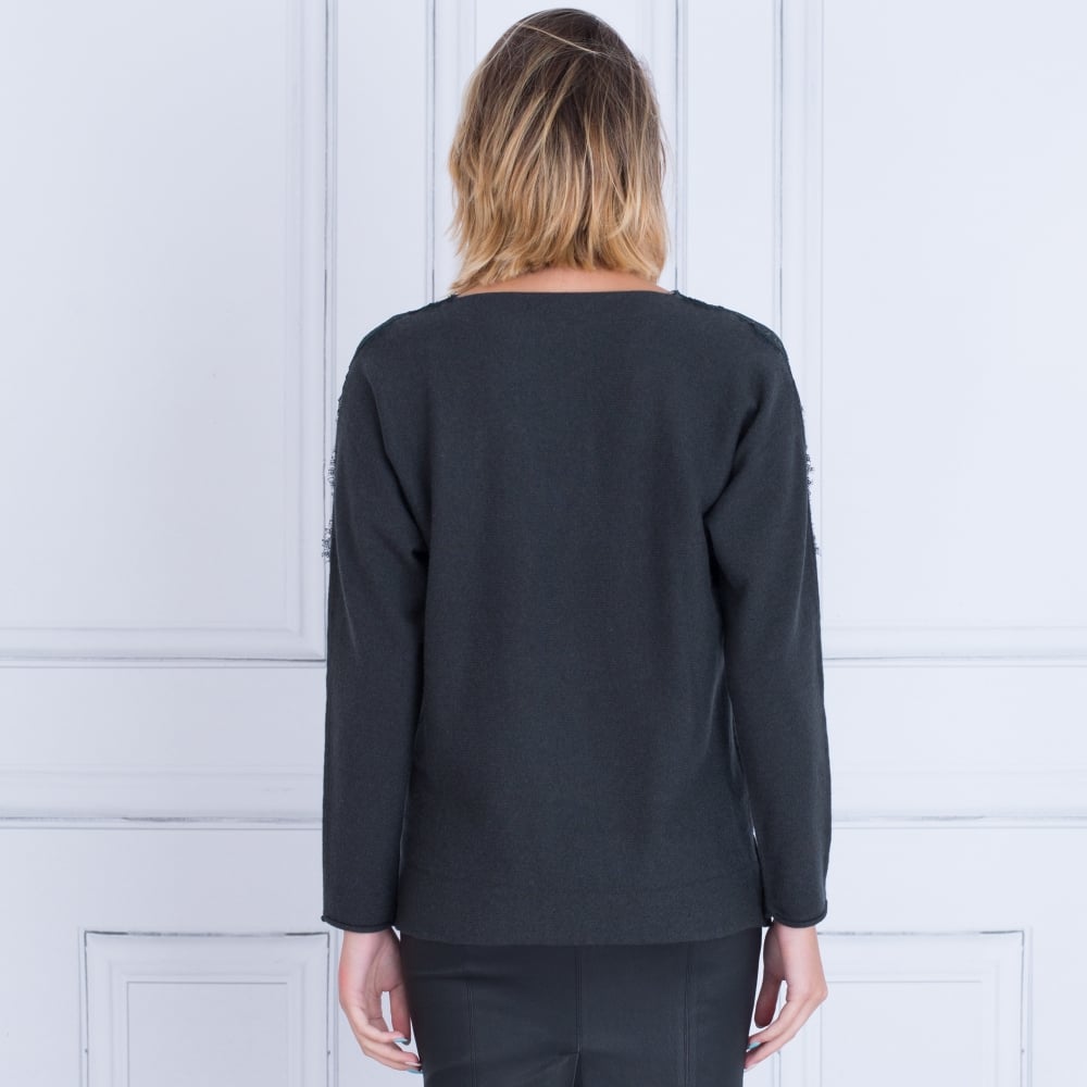 FFC Lace Insert V Neck Jumper Forest Green