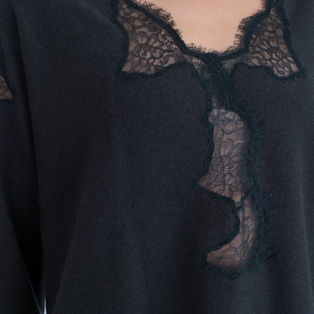 FFC Lace Insert V Neck Jumper Forest Green