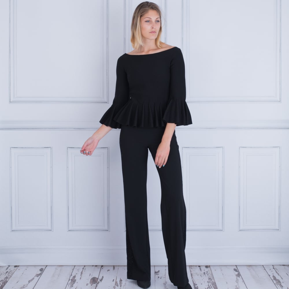 Dexterior Wide Leg Trouser With Sequin Side Panel Black