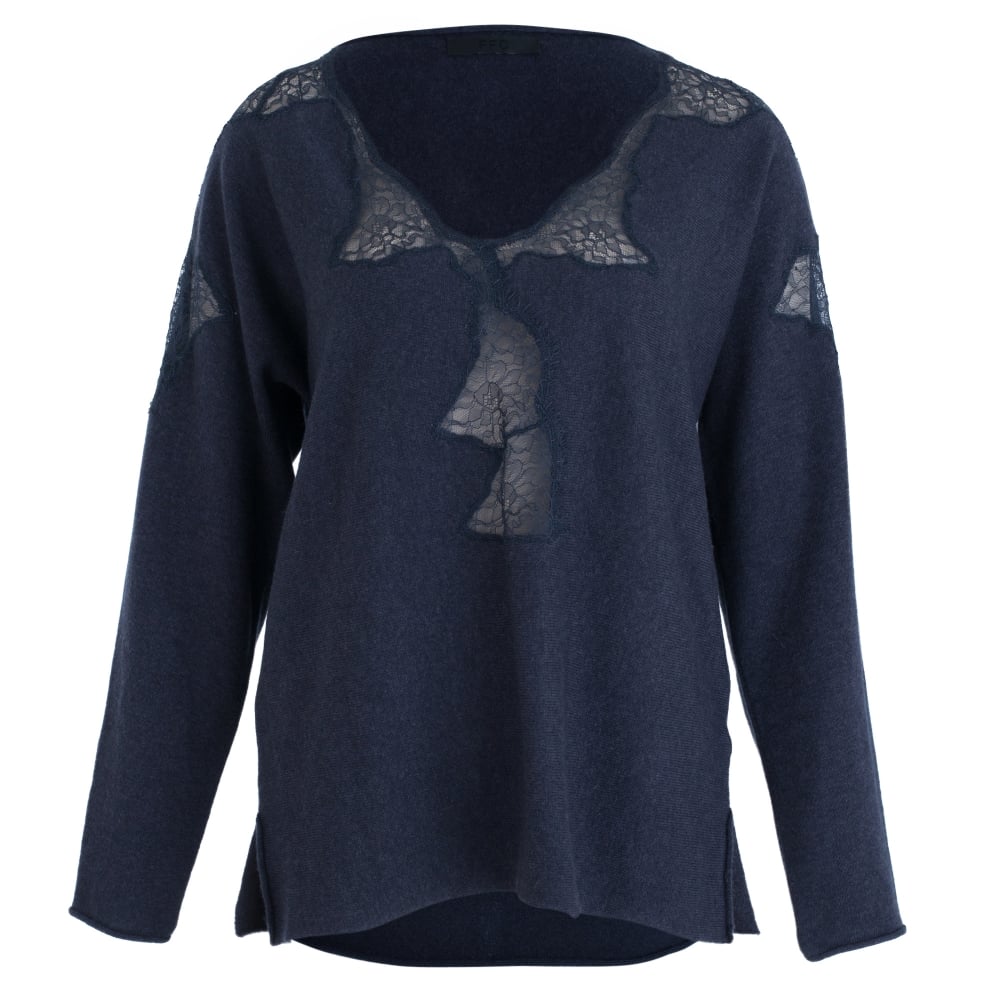 FFC Lace Insert V Neck Jumper Denim Blue