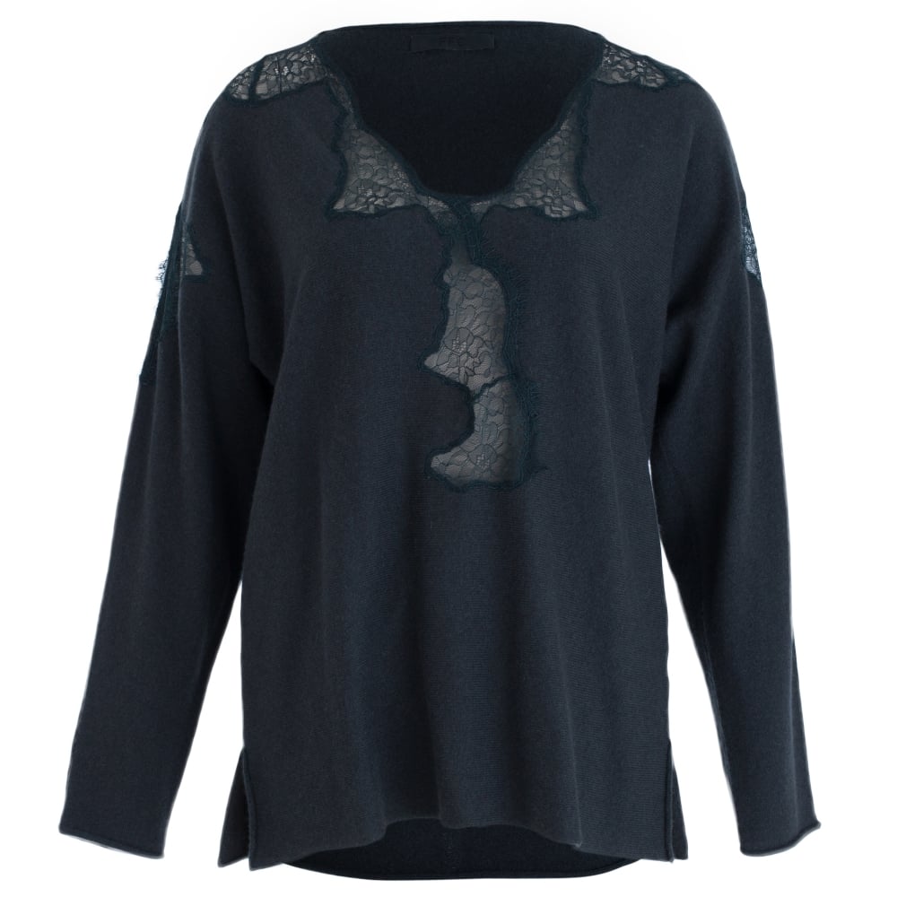 FFC Lace Insert V Neck Jumper Forest Green