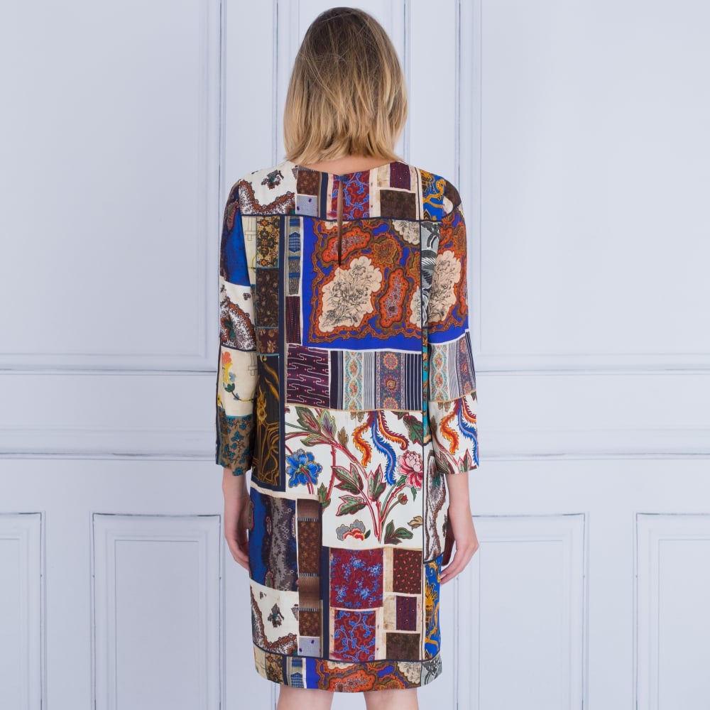 Riani Gathered Neck Midi Patchwork Print Dress Multi