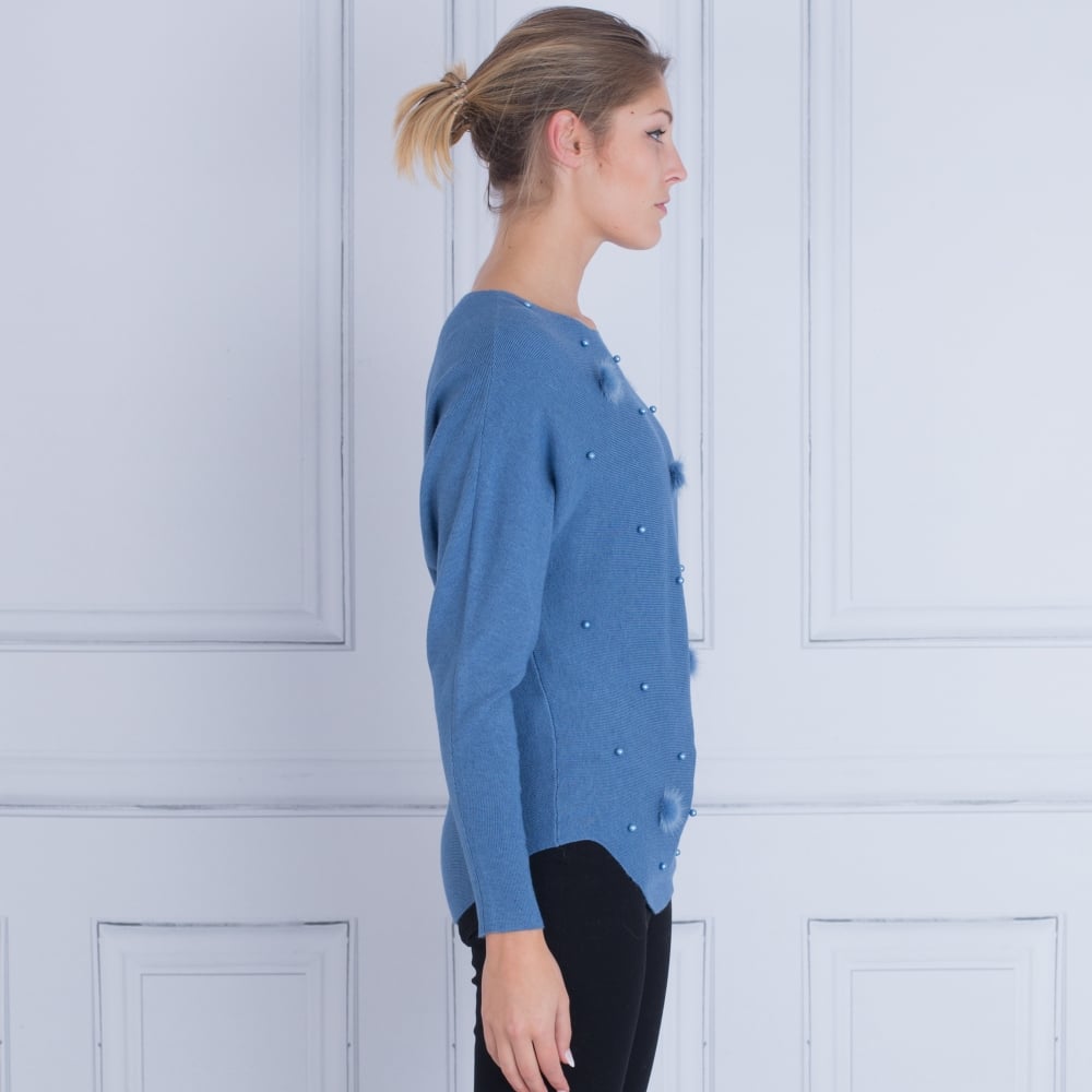 SMF Pearl Fur And Pom Pom Jumper Blue