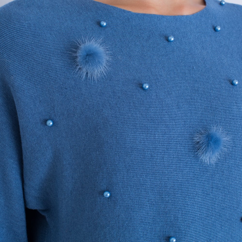 SMF Pearl Fur And Pom Pom Jumper Blue