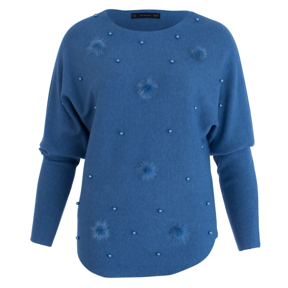 SMF Pearl Fur And Pom Pom Jumper Blue