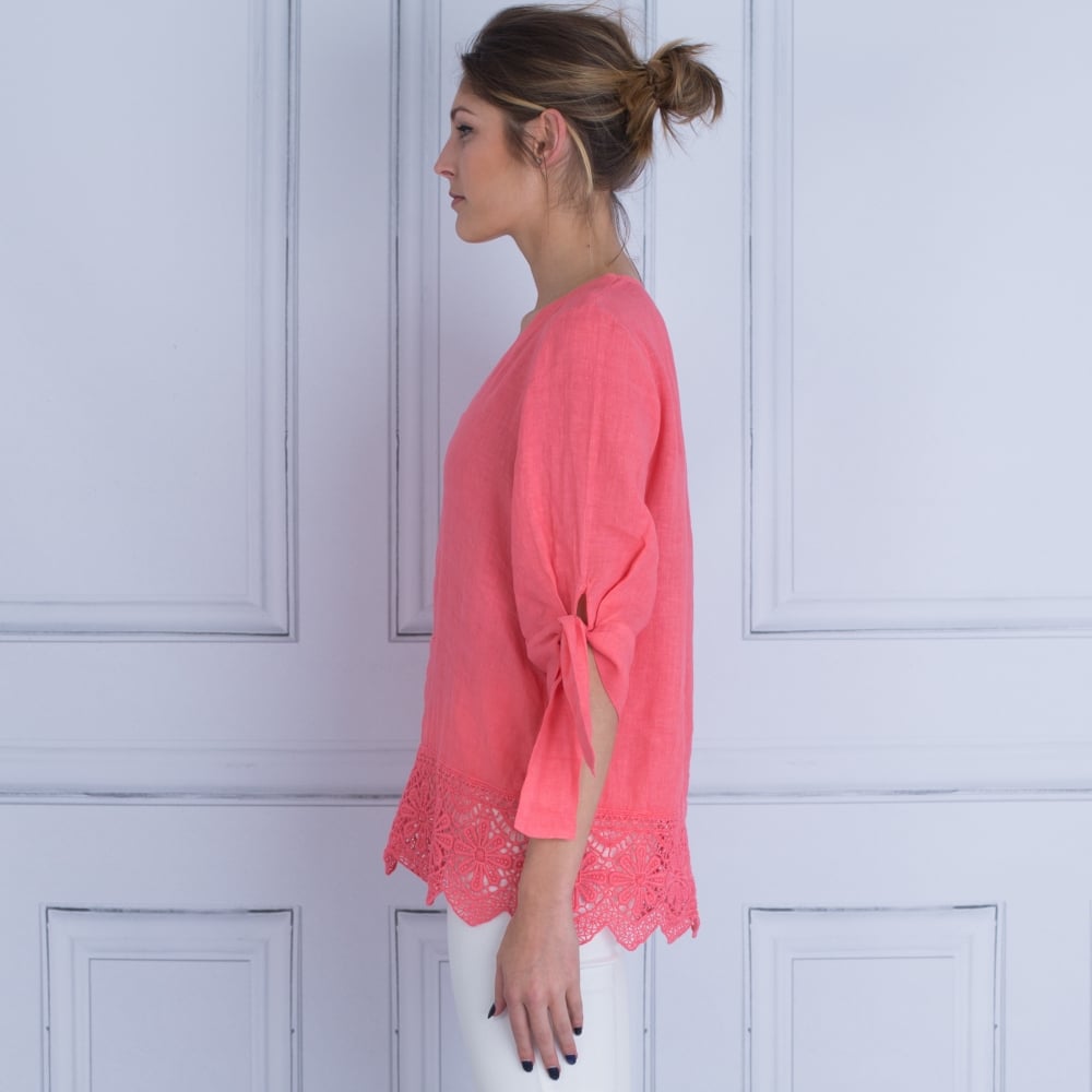 120% Lino V Neck Tie Sleeve Embroidered Hem Blouse Salmon