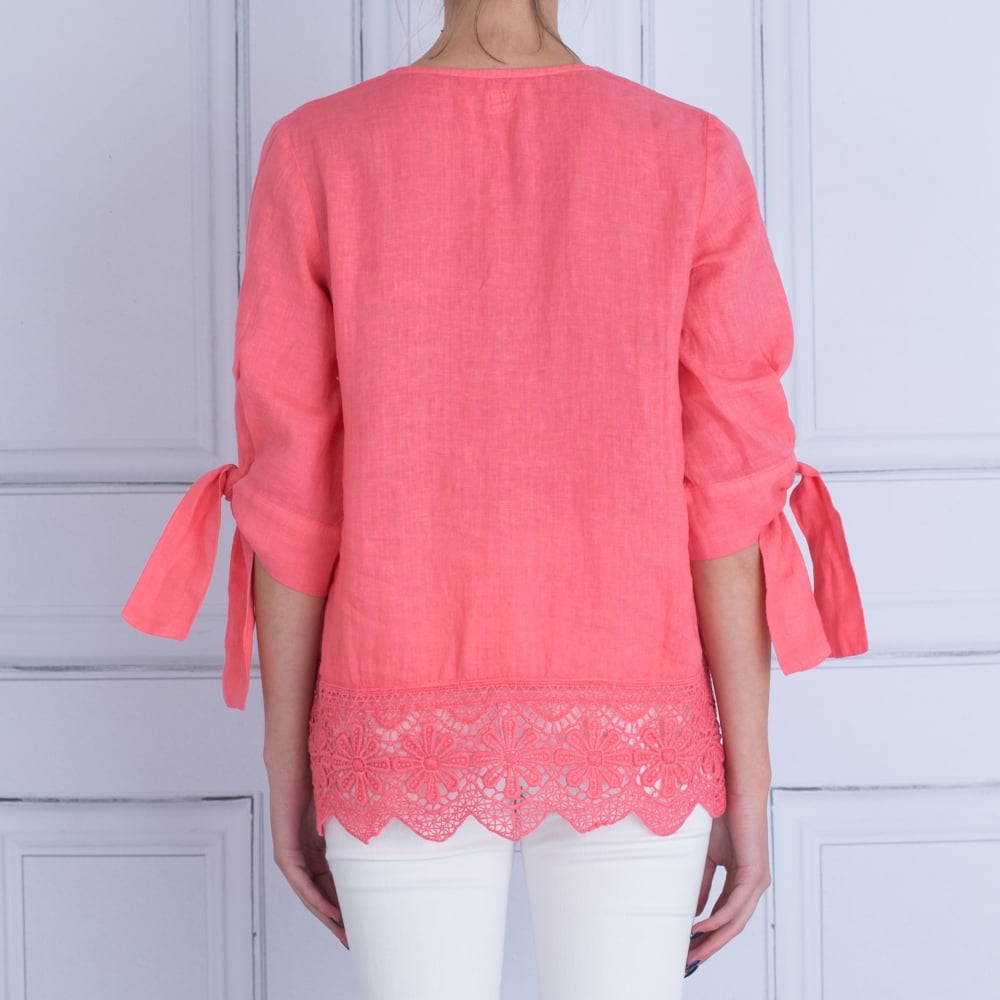 120% Lino V Neck Tie Sleeve Embroidered Hem Blouse Salmon