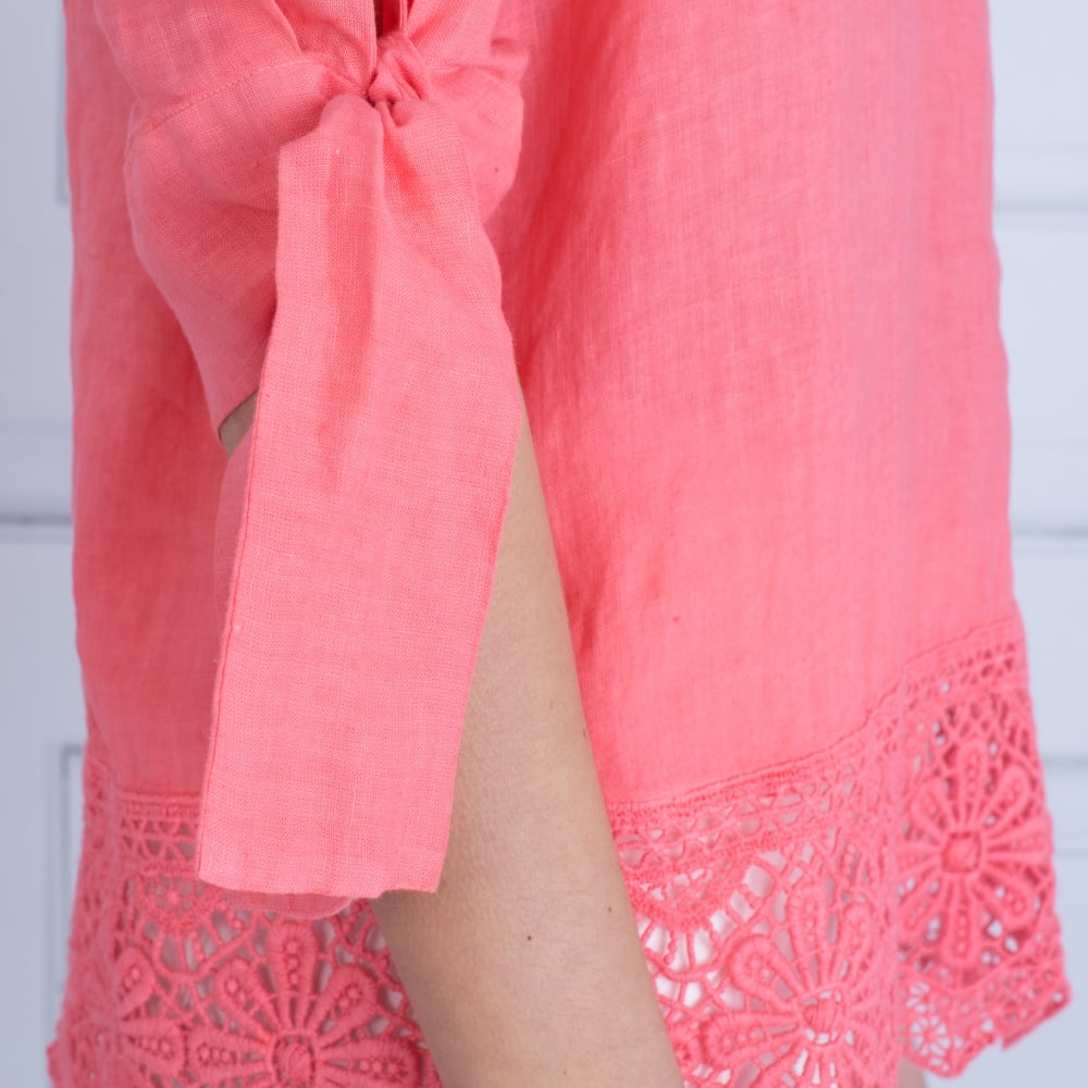 120% Lino V Neck Tie Sleeve Embroidered Hem Blouse Salmon