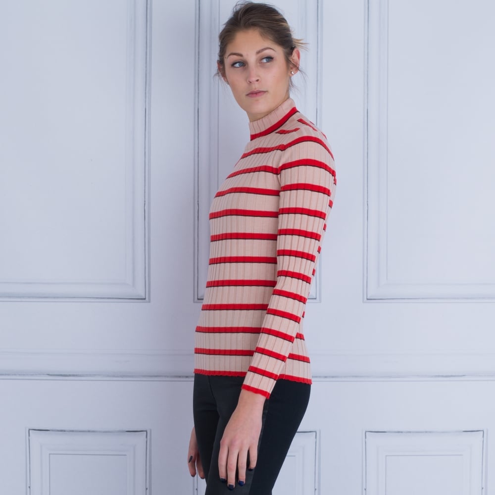 Marc Cain Stripe Polo Neck Jumper Nude/Red