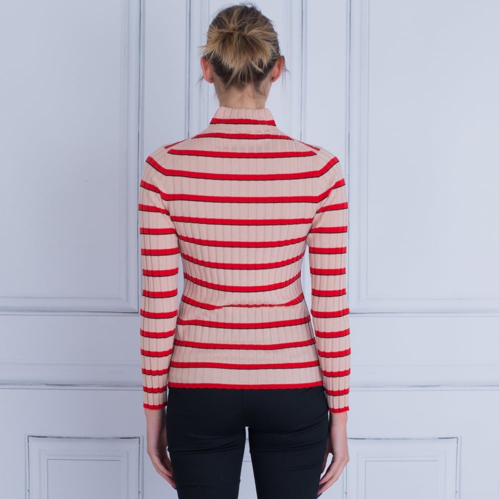 Marc Cain Stripe Polo Neck Jumper Nude/Red
