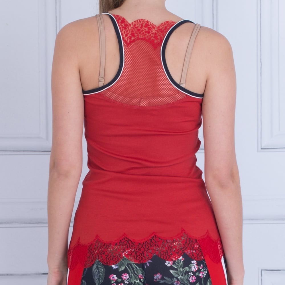 Marc Cain Lace Back And Hem Cotton Rib Vest Red