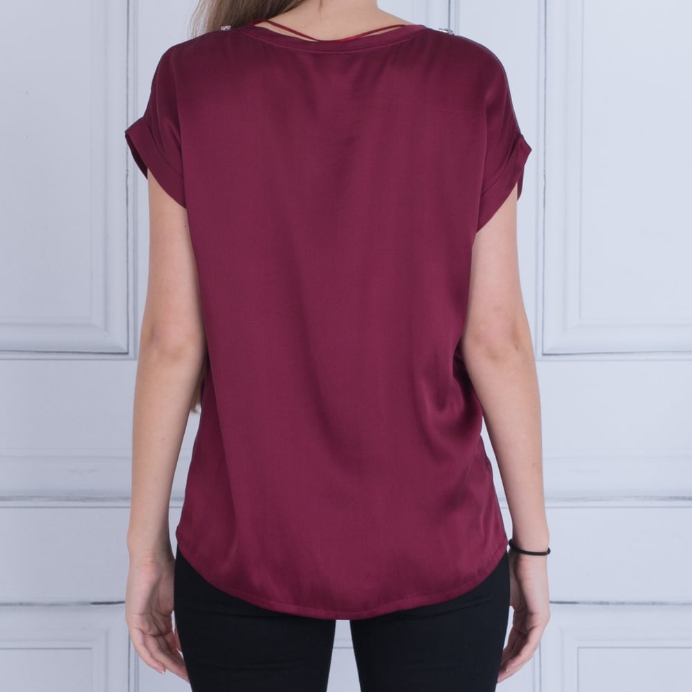 Pinko Short Sleeve Diamonte Neck Top Burgundy