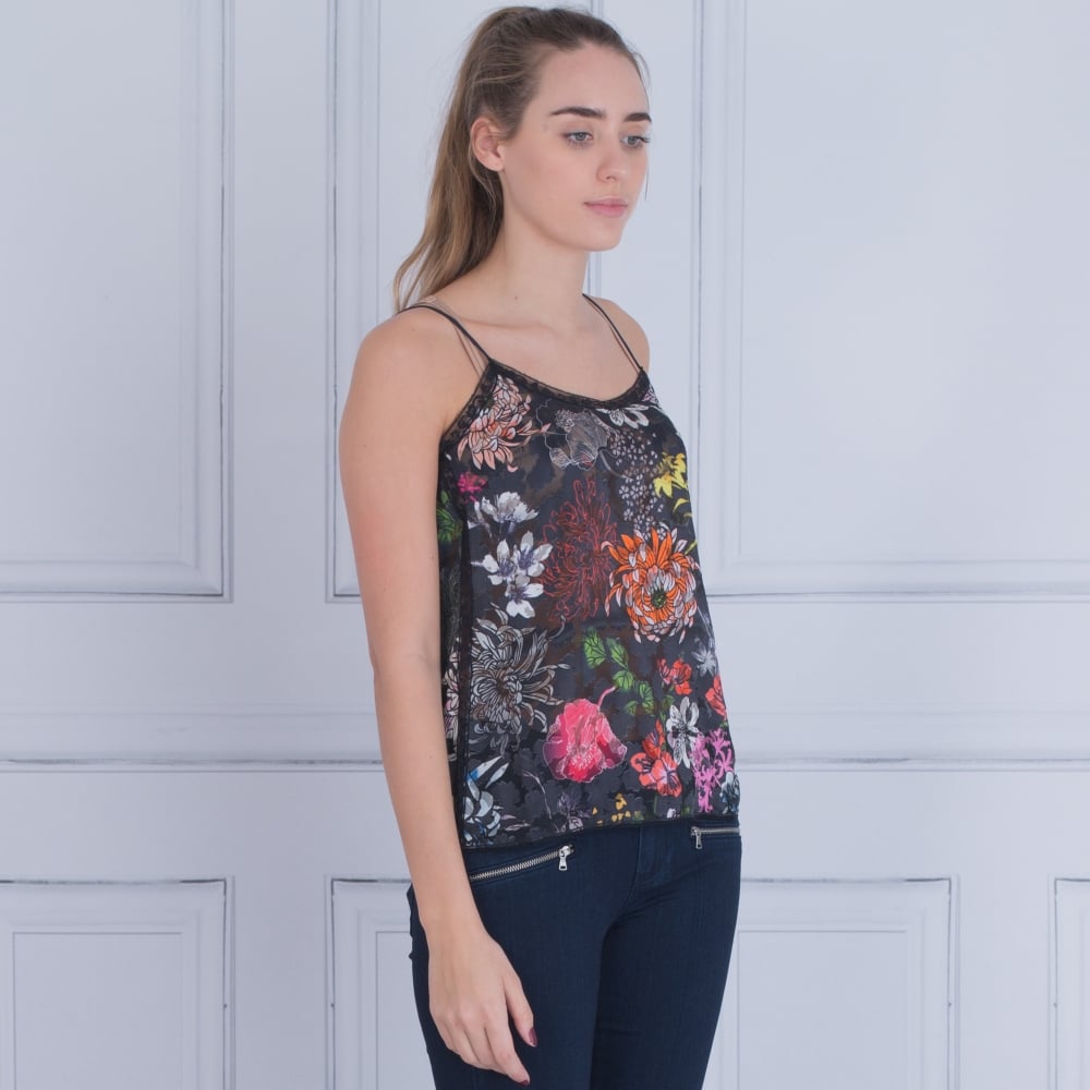 Marc Cain Spaghetti Strap Floral Vest Top Black Multi