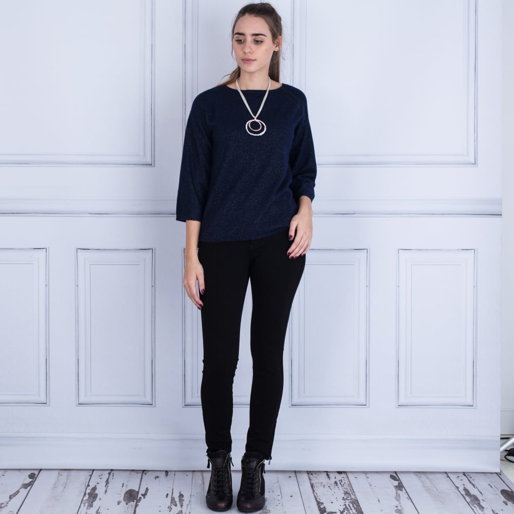 Cocoa Cashmere Round Neck Button Back Jumper Navy