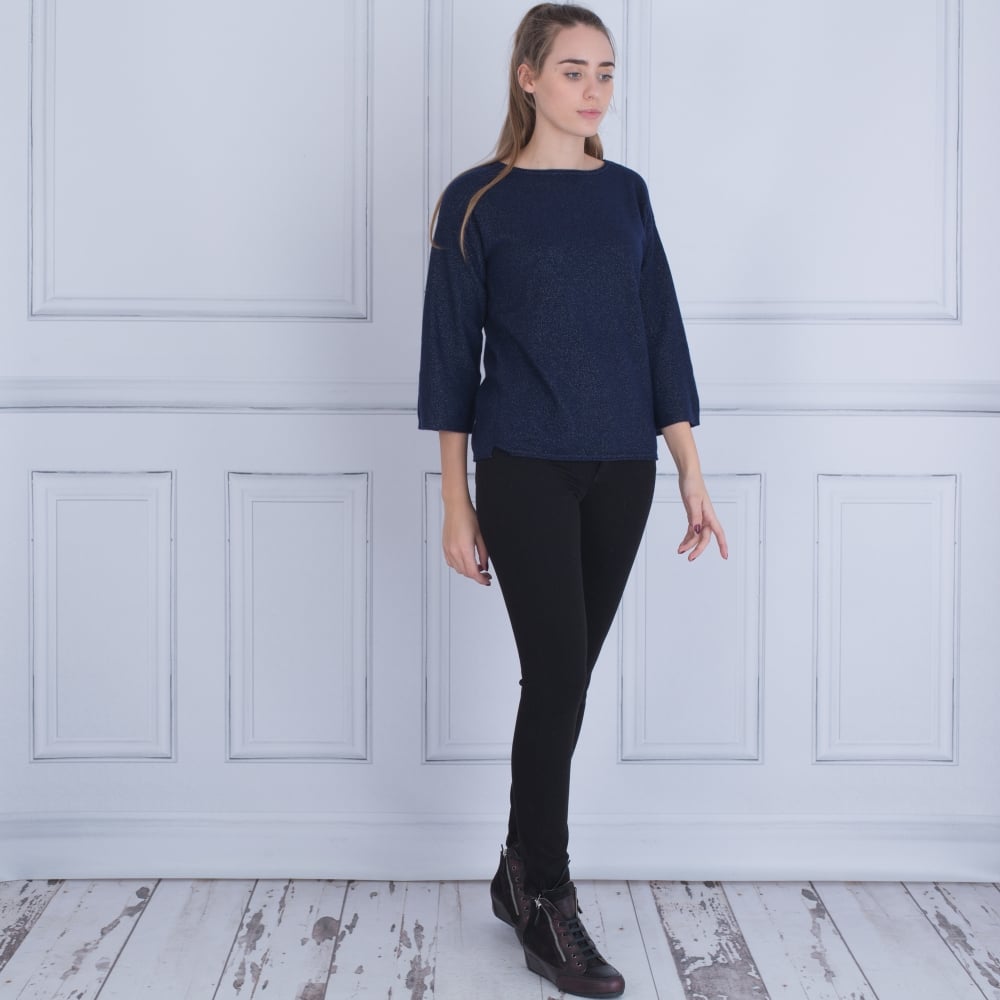 Cocoa Cashmere Round Neck Button Back Jumper Navy