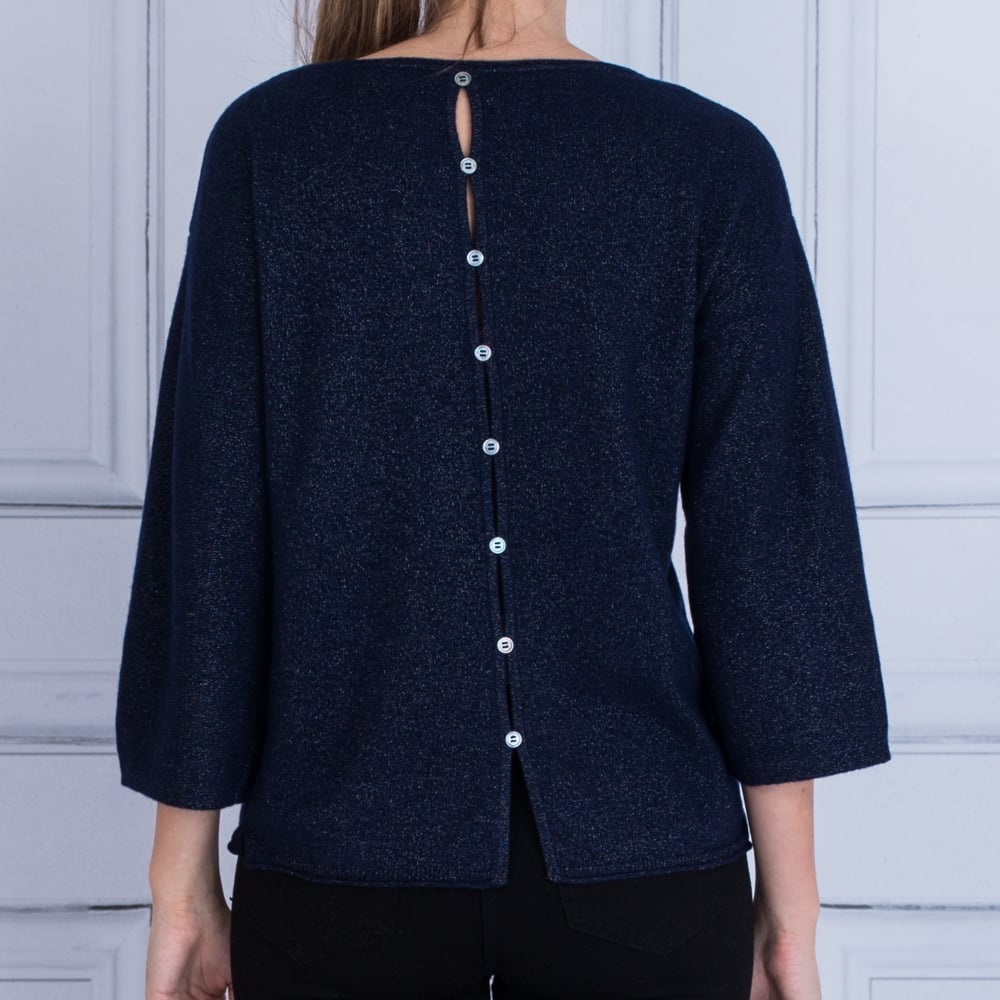 Cocoa Cashmere Round Neck Button Back Jumper Navy