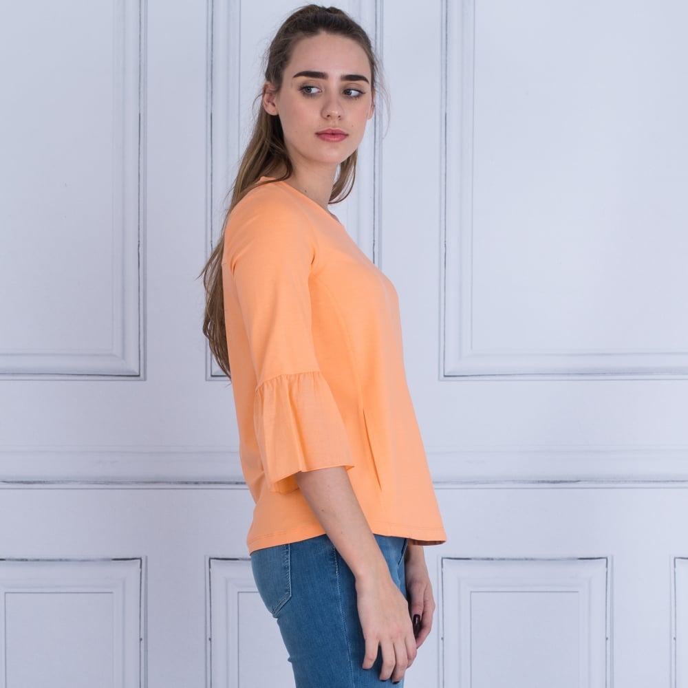 Round Neck Pocket Front Peplum Sleeve Top In Orange