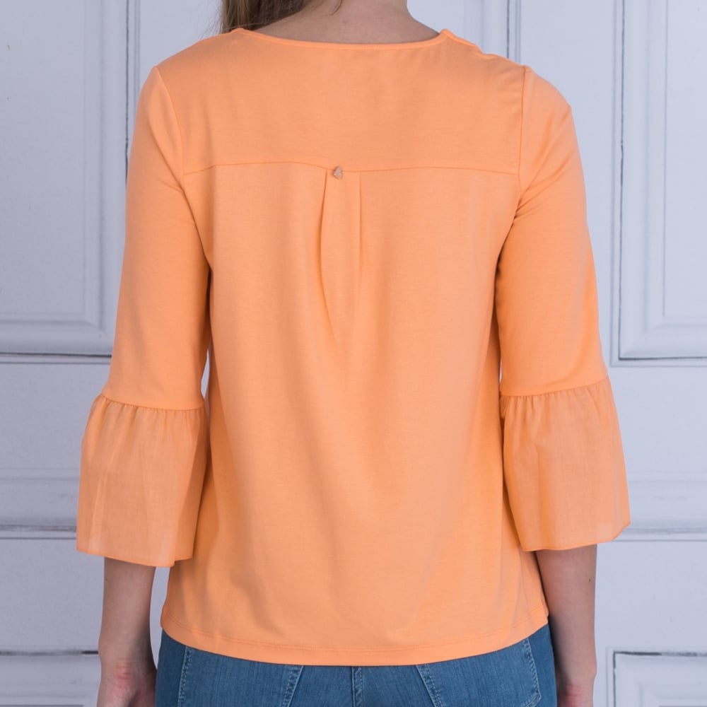 Round Neck Pocket Front Peplum Sleeve Top In Orange