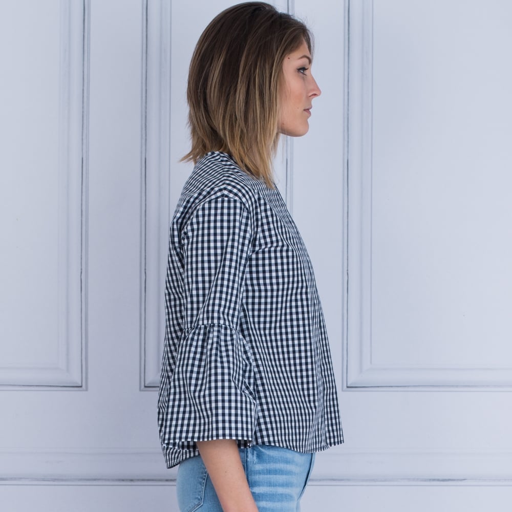 Luisa Cerano Gingham Blouse With Gathered Flute Sleeve Navy