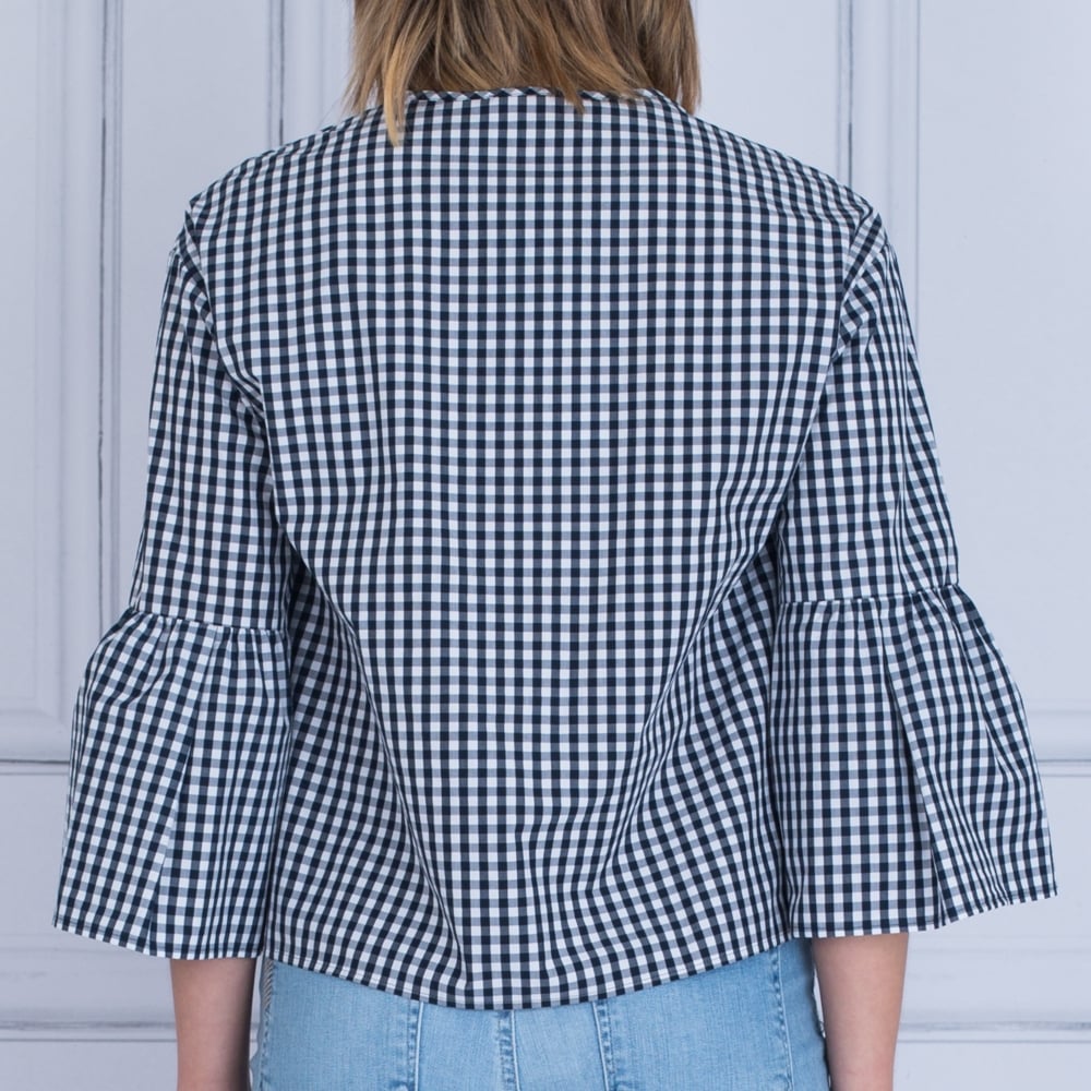 Luisa Cerano Gingham Blouse With Gathered Flute Sleeve Navy