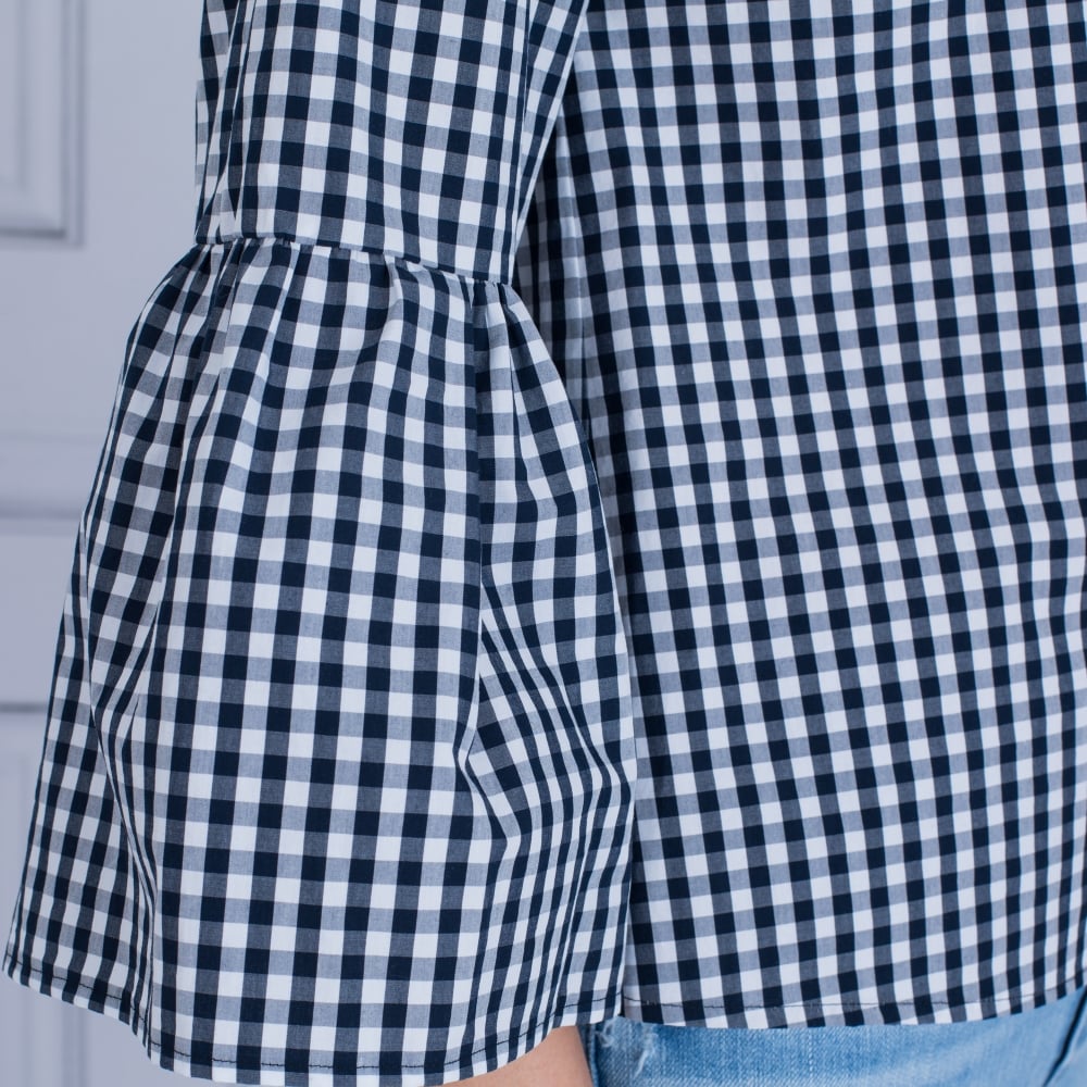 Luisa Cerano Gingham Blouse With Gathered Flute Sleeve Navy