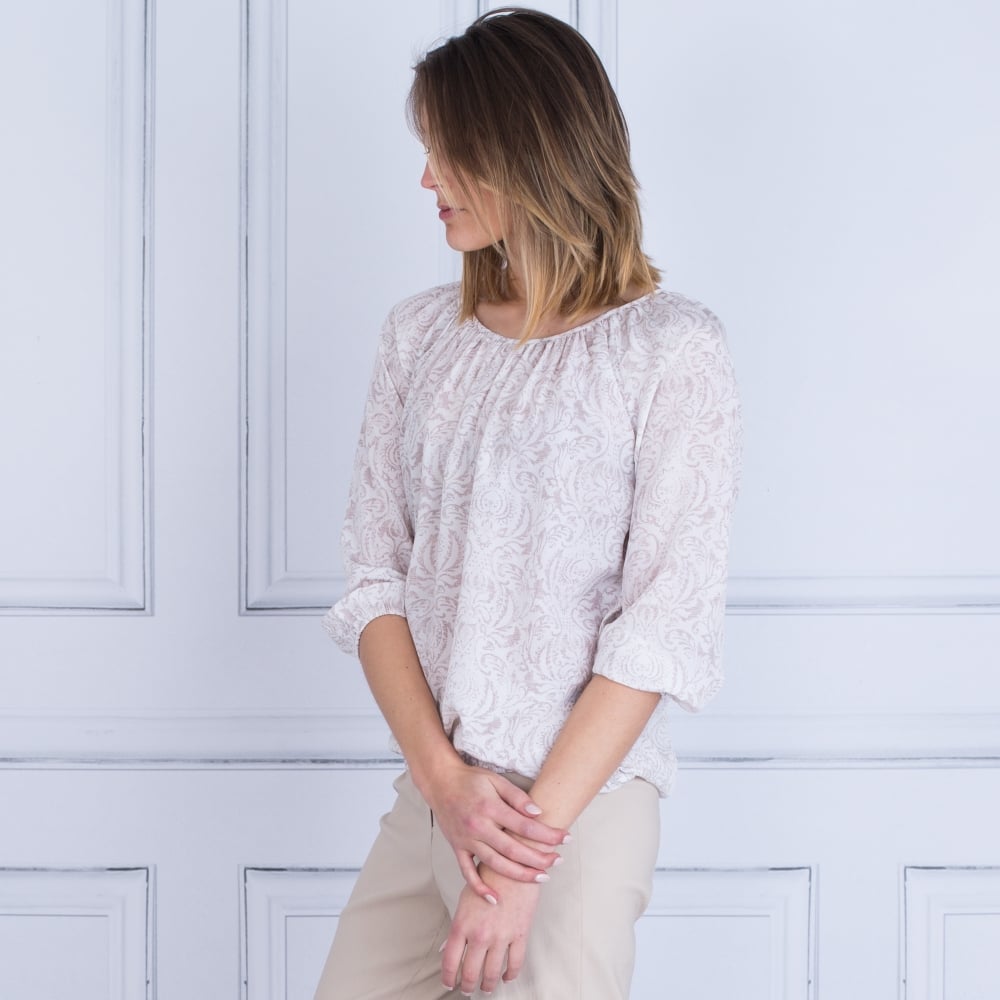 Round Neck Elasticated Hem Blouse In Off White & Mauve