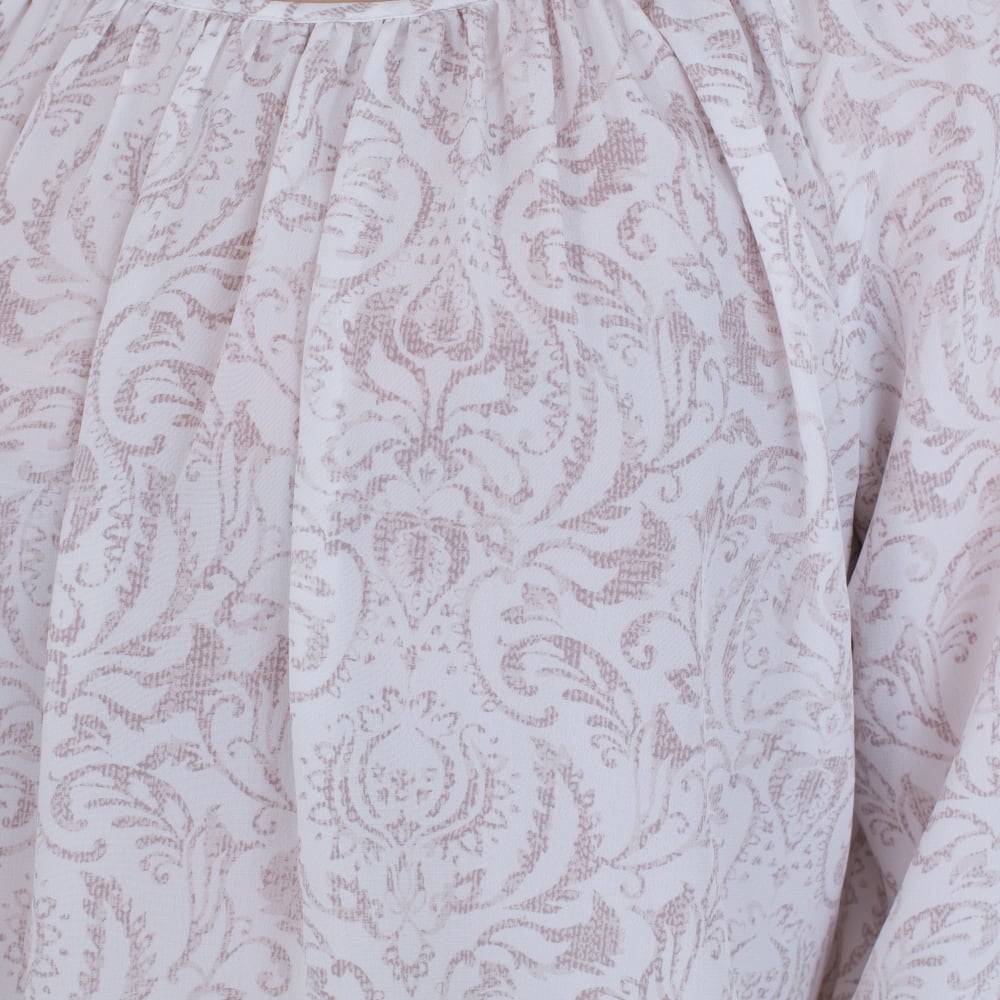 Round Neck Elasticated Hem Blouse In Off White & Mauve