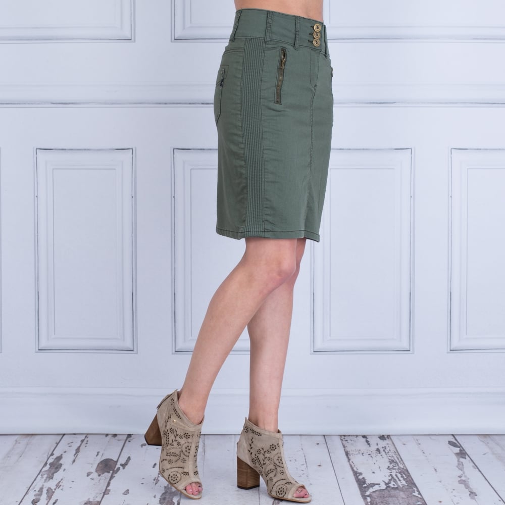 In Town 3 Button Jean Skirt Khaki Green