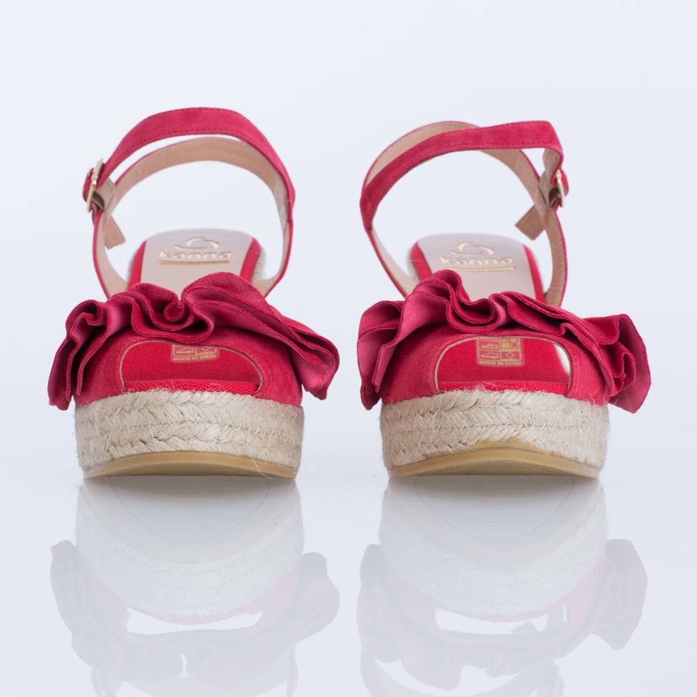 Kanna Vienna Suede Frill High Wedge With Ankle Strap In Red