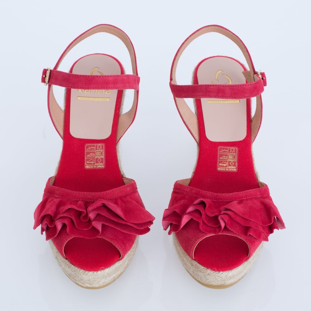 Kanna Vienna Suede Frill High Wedge With Ankle Strap In Red