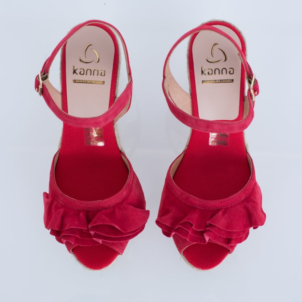 Kanna Vienna Suede Frill High Wedge With Ankle Strap In Red