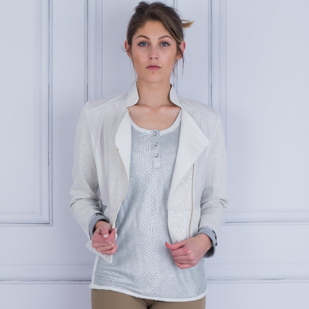 Textured Jersey Embellished Biker Jacket In Off White