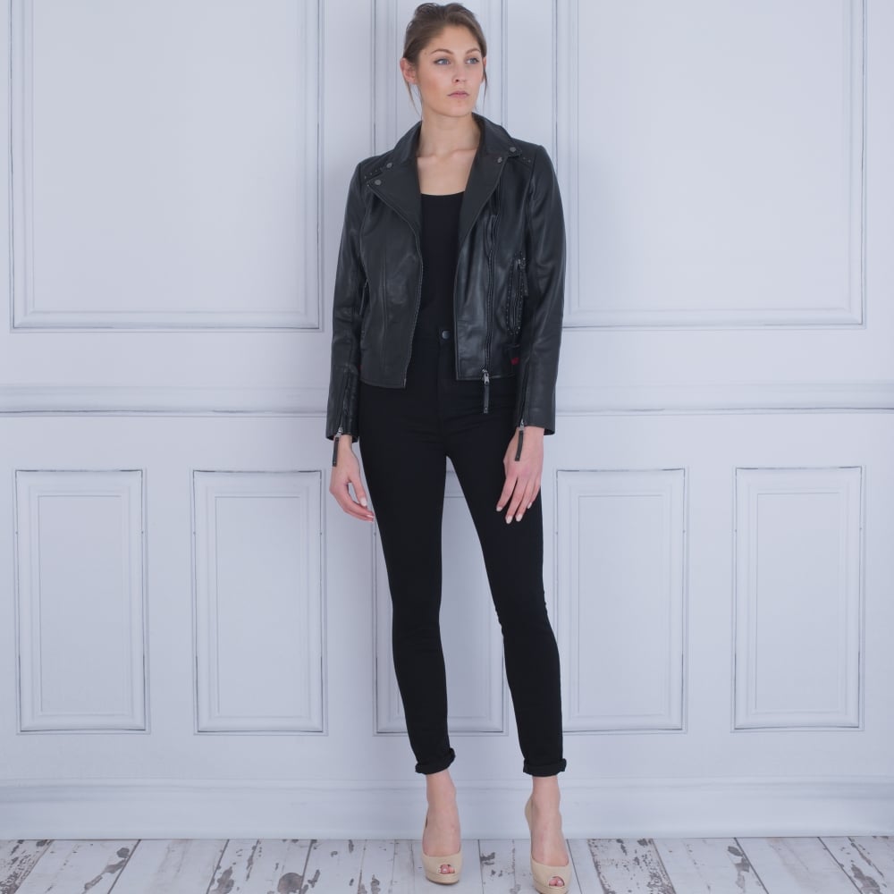 Marc Cain Hand Painted Peace Sign Leather Biker Jacket Black