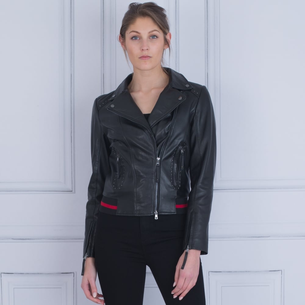 Marc Cain Hand Painted Peace Sign Leather Biker Jacket Black